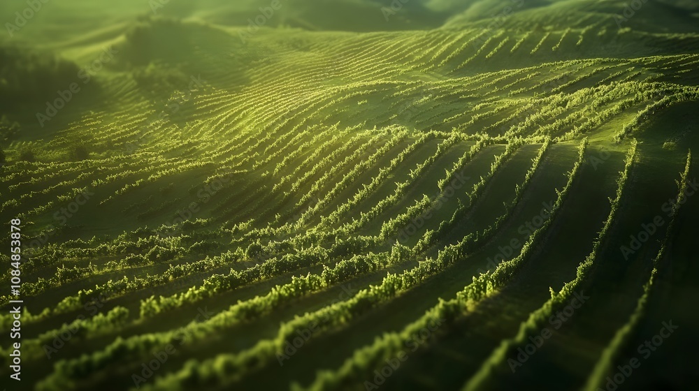 Poster a striking aerial view of a vineyard estate, showing rows of grapevines stretching across rolling hi