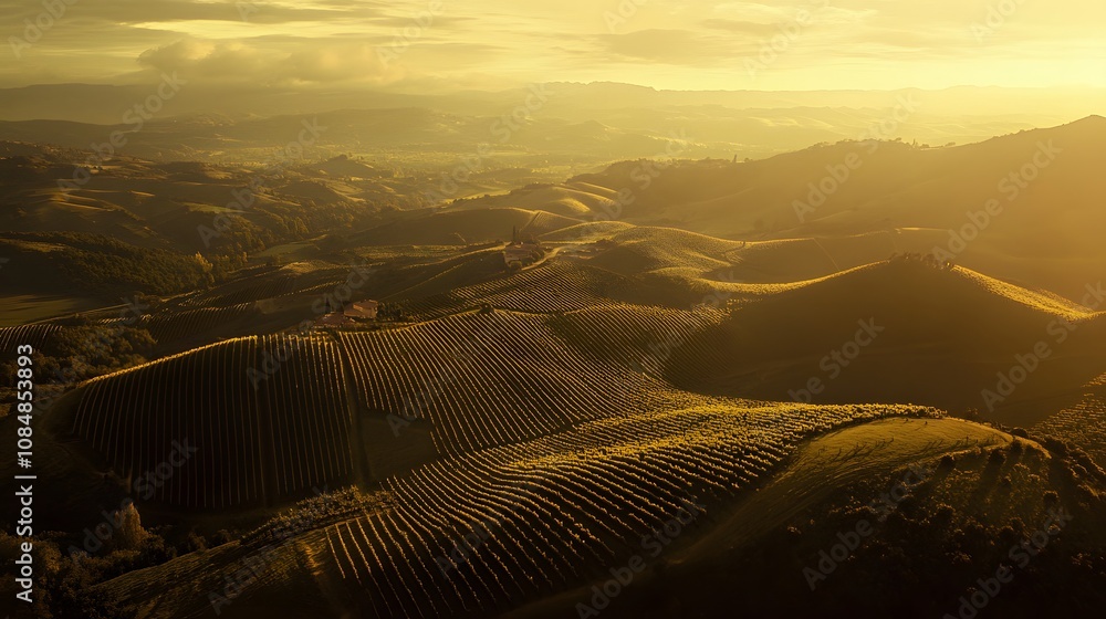 Poster a striking aerial view of a vineyard estate, showing rows of grapevines stretching across rolling hi