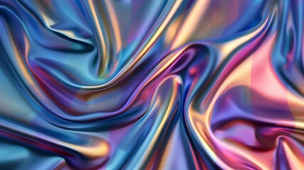 A vibrant, flowing fabric with iridescent colors creating a dynamic and textured appearance.