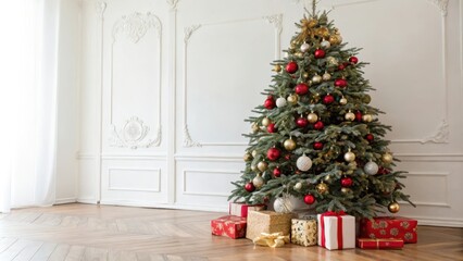 A Festive Christmas Tree Adorned with Red and Gold Ornaments Stands in an Elegant Room with Presents