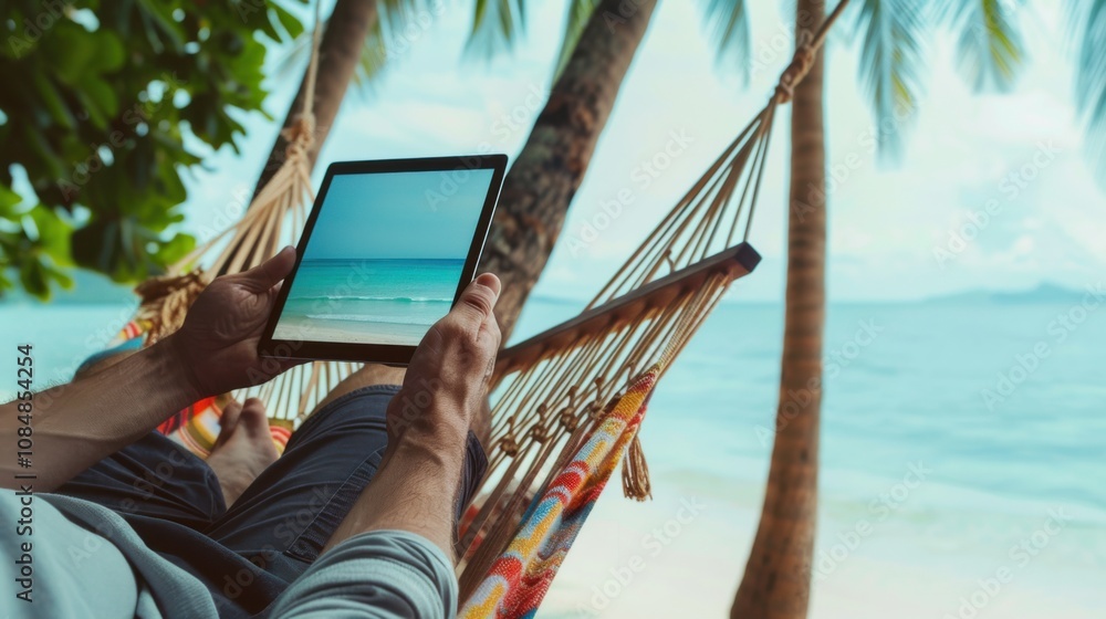 Poster a person reading an e-book in a hammock by the beach, symbolizing the balance of relaxation and digi
