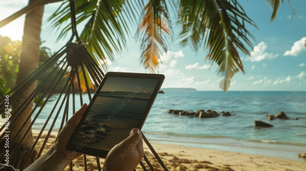 Poster a person reading an e-book in a hammock by the beach, symbolizing the balance of relaxation and digi