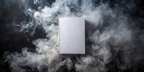 A blank book cover subtly emerges from an ethereal fog, a mysterious and captivating scene.