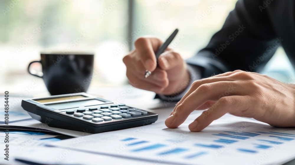 Poster close-up of hands calculating financial data on papers with calculator and pen.