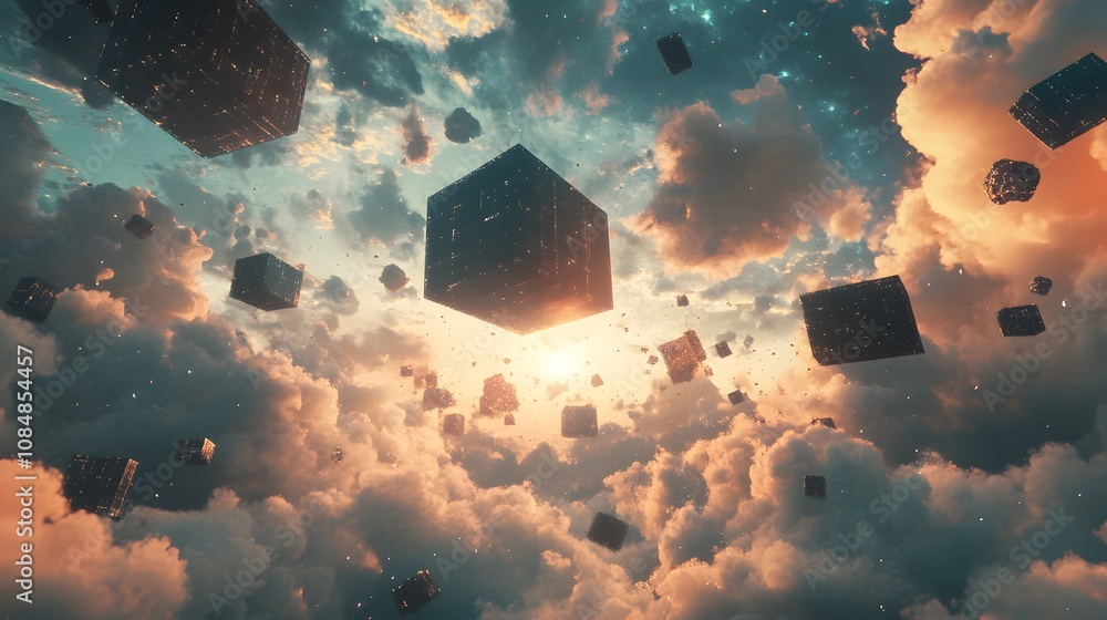 Poster a surreal landscape of floating cubes, glowing orbs, and digital clouds, illustrating a hyper-futuri
