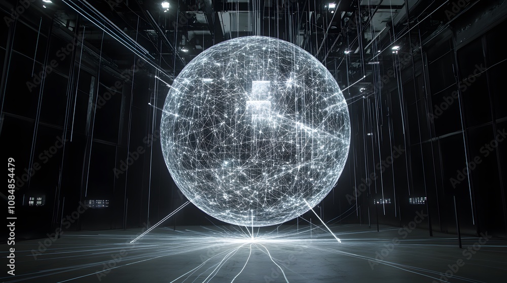 Poster a massive data sphere suspended in an empty, dark space, with bright, glowing lines emanating outwar