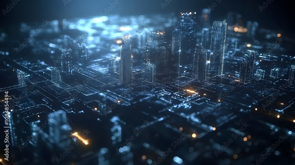 Poster An abstract digital city made of glowing polygons and fragmented neon shapes, symbolizing advanced technology and innovation. 4k resolution, cinematic scene
