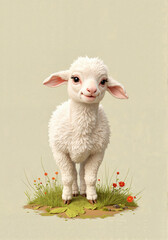 Cute cartoon lamb standing in a grassy meadow, cheerful mood, whimsical art style