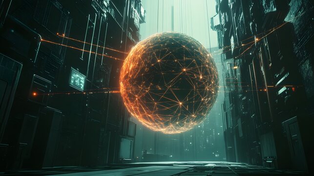 A massive data sphere suspended in an empty, dark space, with bright, glowing lines emanating outward to signify connectivity. 4k resolution, cinematic scene