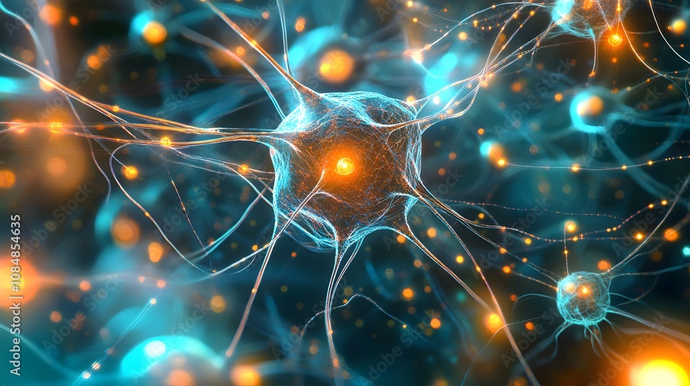 Poster an abstract, colorful digital composition of a neural network in a dreamlike style, symbolizing ai a