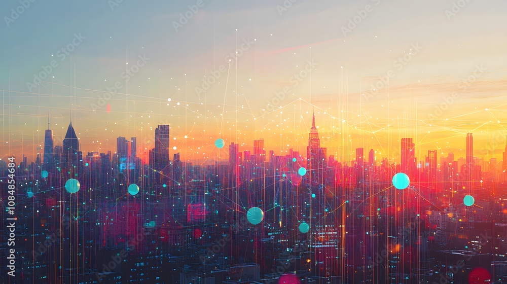 Poster a vibrant digital skyline of interconnected orbs and lines, forming a conceptual representation of a