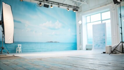 Obraz premium Studio photography setup with ocean backdrop and wooden floor