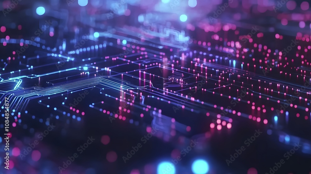 Poster An abstract background of complex circuits forming a digital landscape, symbolizing technological innovation and science. 4k resolution, cinematic scene