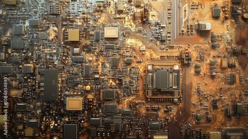 Poster An abstract background of complex circuits forming a digital landscape, symbolizing technological innovation and science. 4k resolution, cinematic scene