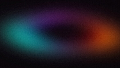 Abstract glowing color flow grainy background. Dark black orange purple blue color wave noisy shaped, vibrant and bright colors, noise texture backdrop design