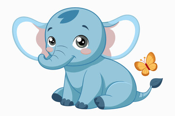  A baby elephant sitting in cute pose, with butterfly, on white background