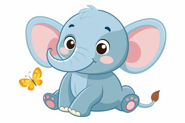  A baby elephant sitting in cute pose, with butterfly, on white background
