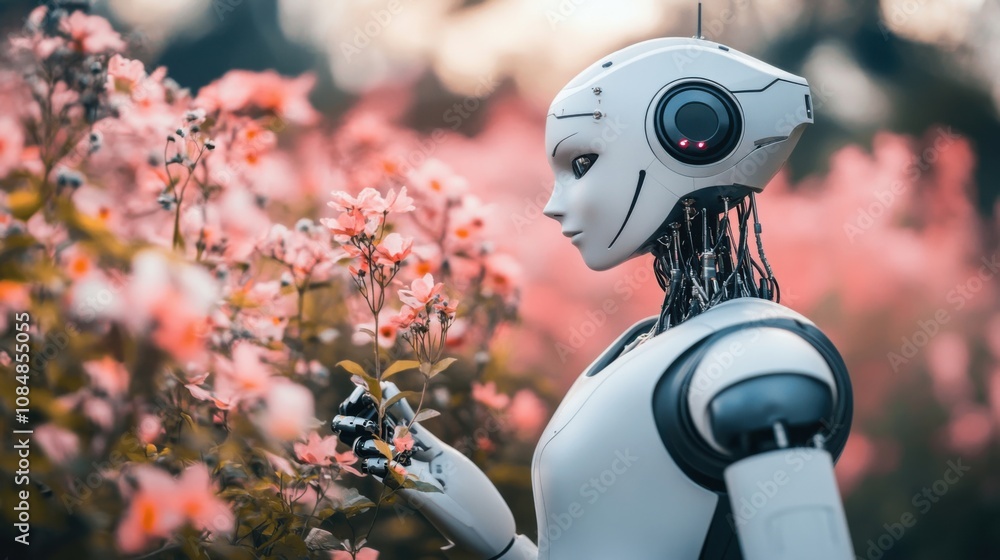 Poster a humanoid robot in a futuristic setting symbolizing technology and ethics