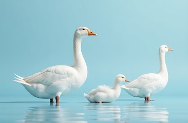 Obraz premium white geese on a soft blue background, in full growth, looking at the camera