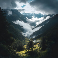Obraz premium A serene valley nestled between mountains, shrouded in mist and clouds, showcasing lush greenery and dramatic natural beauty.