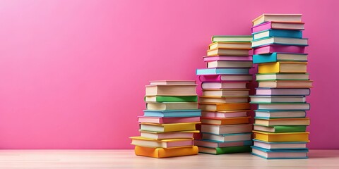 Colorful stacks of books against a pink background, representing knowledge and education.