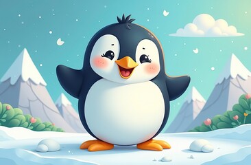 Cute cartoon penguin celebrating World Animal Day in a bright and cheerful setting
