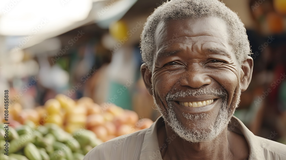 Poster a portrait of a smiling elder with deeply textured 3d features, set against a softly illustrated 2d 