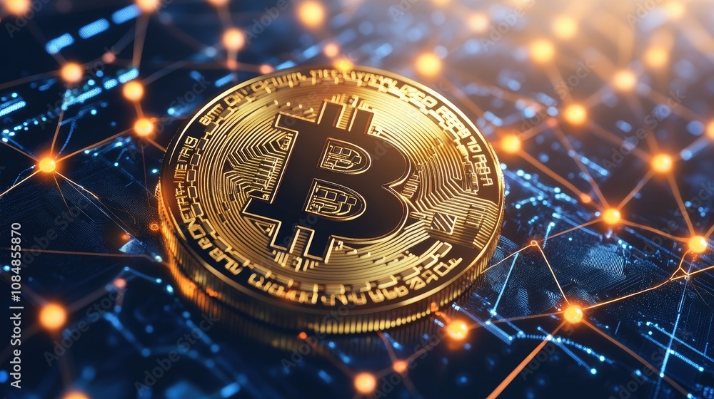 Poster futuristic bitcoin digital network with interconnected data streams and glowing nodes, symbolizing t