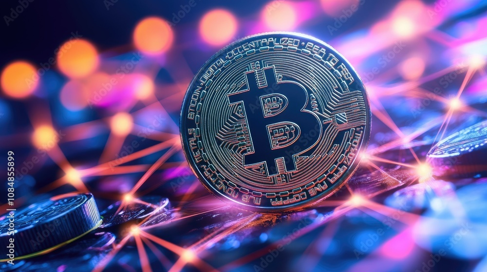 Poster futuristic bitcoin digital network with interconnected data streams and glowing nodes, symbolizing t
