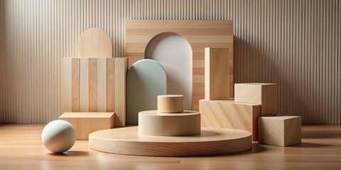 Minimalist Wooden Display Featuring Geometric Shapes and a Sphere
