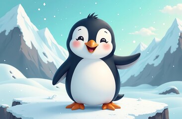 Obraz premium Cute cartoon penguin celebrating World Animal Day in a bright and cheerful setting