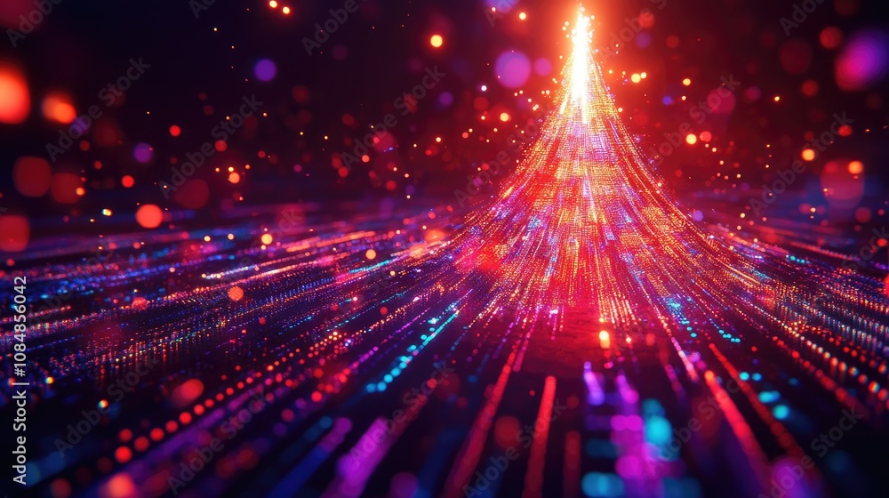 Poster futuristic christmas tree glowing with vibrant data lights and digital patterns, representing the in