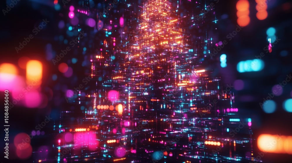 Poster futuristic christmas tree glowing with vibrant data lights and digital patterns, representing the in
