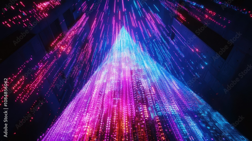 Poster futuristic christmas tree glowing with vibrant data lights and digital patterns, representing the in