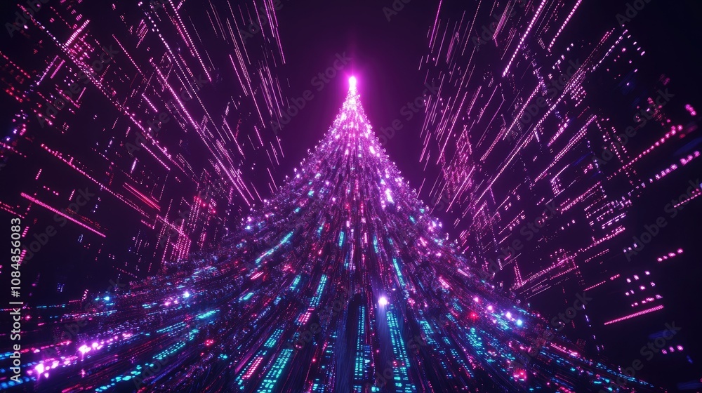 Poster futuristic christmas tree glowing with vibrant data lights and digital patterns, representing the in