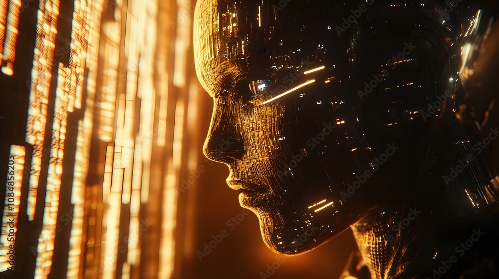 Poster a futuristic 3d-rendered humanoid ai with intricate metallic detailing, set against a 2d background 