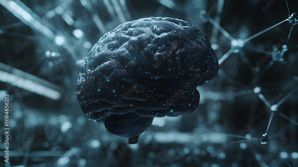 Aufkleber A 3D representation of a human brain with circuits, hovering in front of a 2D network of interconnected AI data nodes. 4k resolution, Cinematic Scene