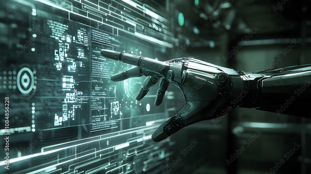 Poster A sleek robotic hand reaching out in 3D, integrated with a 2D interface of holographic data points and digital symbols. 4k resolution, Cinematic Scene