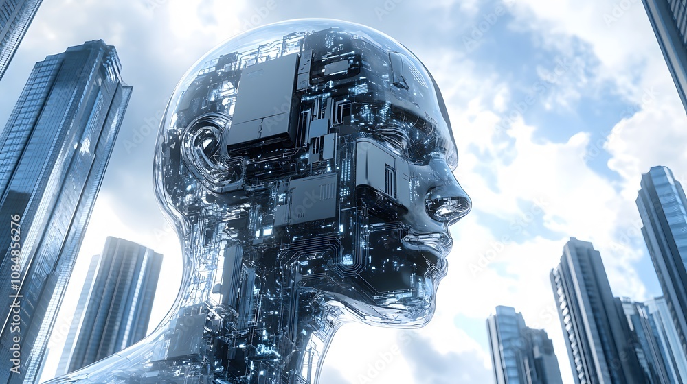 Poster a 3d-rendered ai head with a transparent design, exposing inner circuits and a 2d background of futu