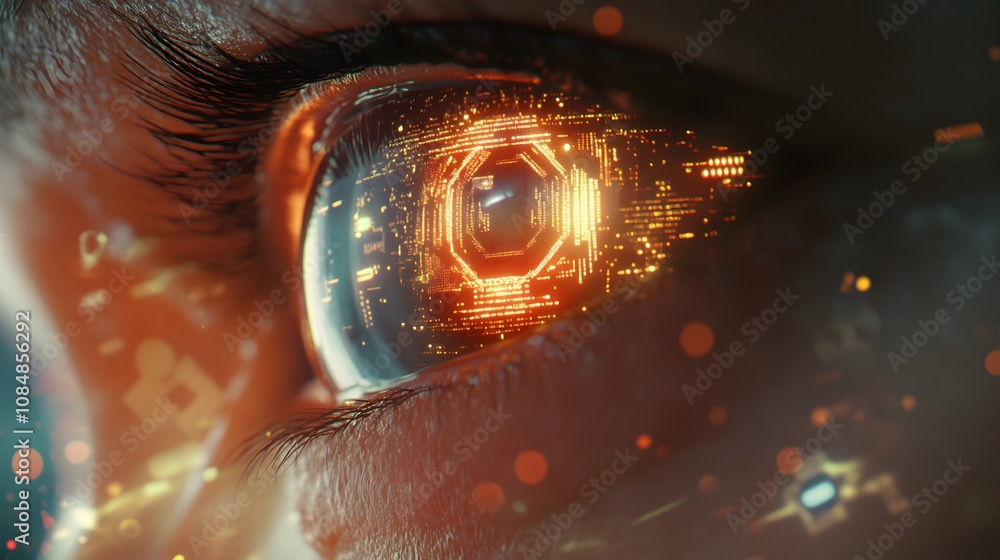 Poster A robotic eye in sharp 3D, layered with 2D holographic symbols of data streams and digital information. 4k resolution, Cinematic Scene