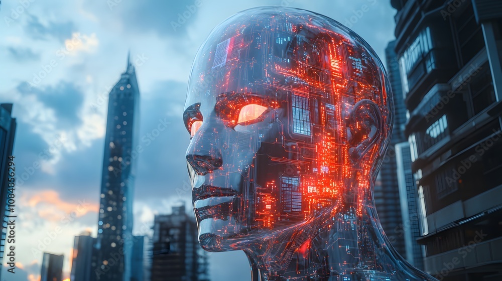 Poster a 3d-rendered ai head with a transparent design, exposing inner circuits and a 2d background of futu