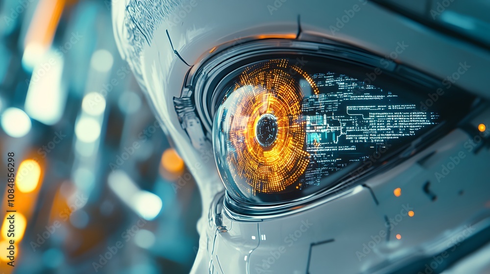 Poster A robotic eye in sharp 3D, layered with 2D holographic symbols of data streams and digital information. 4k resolution, Cinematic Scene