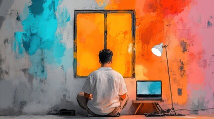 Obraz premium Contemplative Man Colorful Wall Laptop Window Desk Lamp Artistic Interior