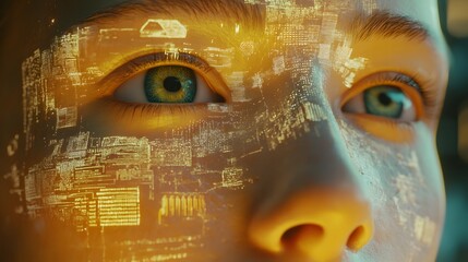 A close-up of an AI s face in 3D, with digital patterns and symbols in 2D overlaid to signify its learning capabilities. 4k resolution, Cinematic Scene