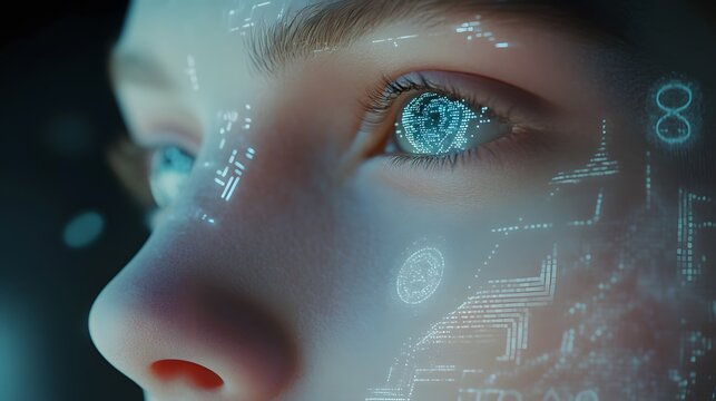 A close-up of an AI s face in 3D, with digital patterns and symbols in 2D overlaid to signify its learning capabilities. 4k resolution, Cinematic Scene