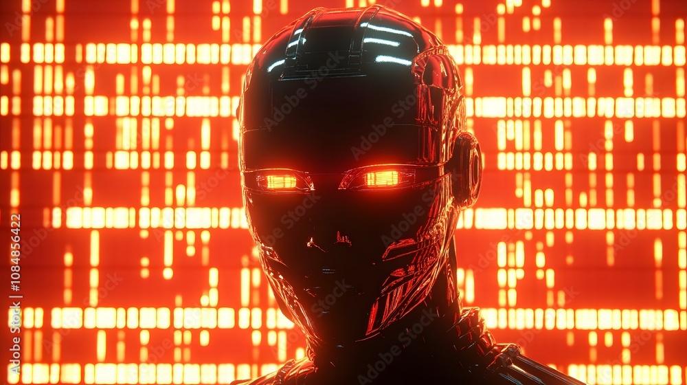 Poster A sleek 3D robot head with illuminated eyes, set against a 2D grid of binary code symbolizing artificial intelligence. 4k resolution, Cinematic Scene