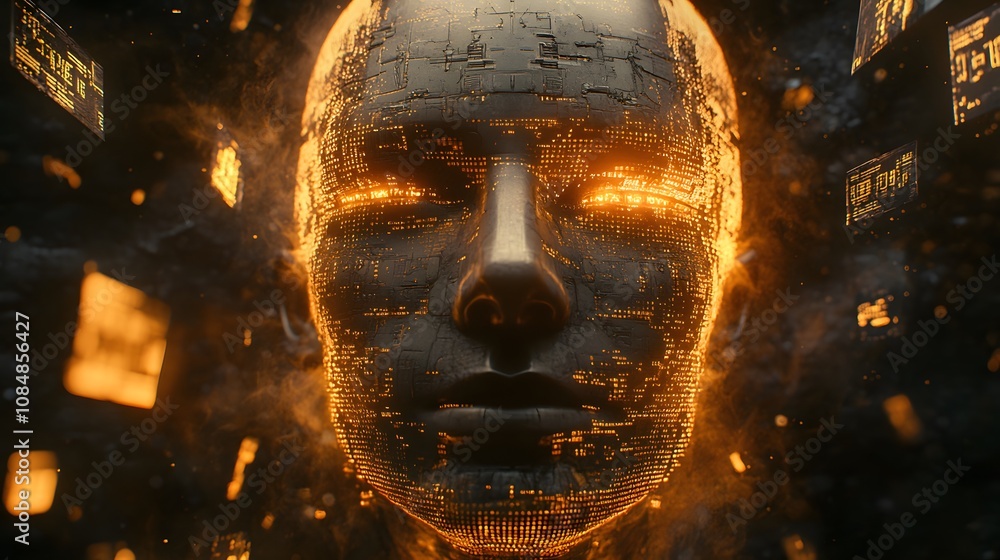 Leinwandbilder A 3D humanoid AI face with mechanical details, surrounded by a 2D network of binary code and floating holograms. 4k resolution, Cinematic Scene