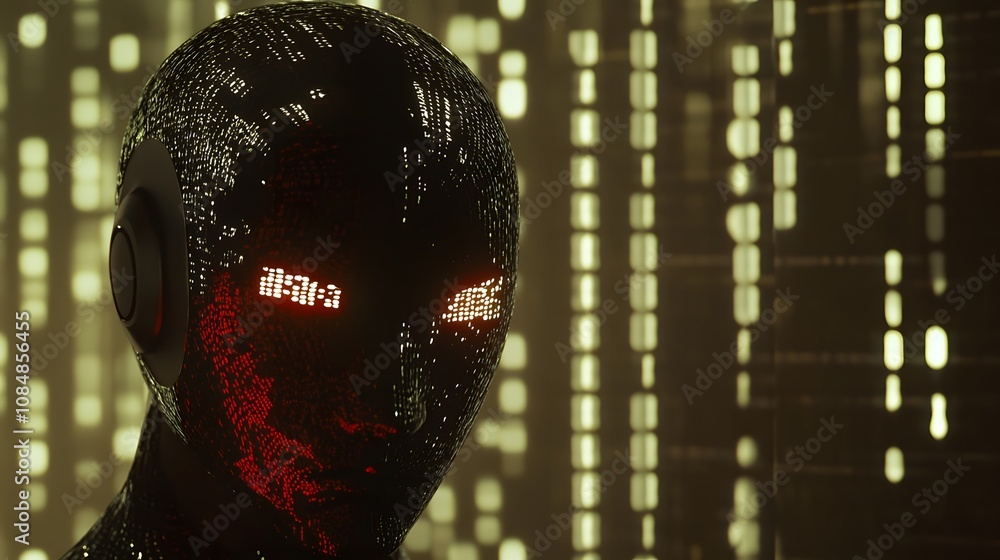 Poster A sleek 3D robot head with illuminated eyes, set against a 2D grid of binary code symbolizing artificial intelligence. 4k resolution, Cinematic Scene