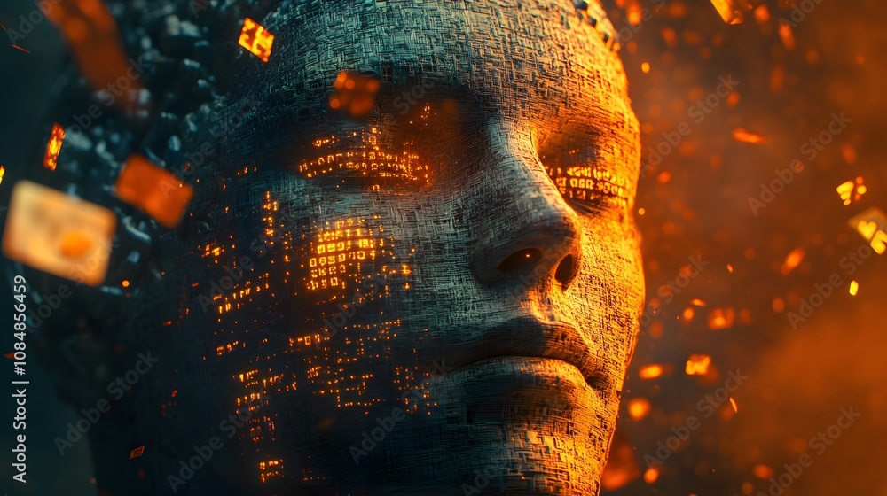 Poster A 3D humanoid AI face with mechanical details, surrounded by a 2D network of binary code and floating holograms. 4k resolution, Cinematic Scene