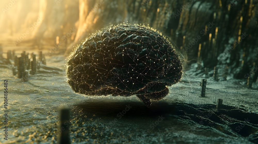 Poster A 3D digital brain model with neural connections, layered over a 2D landscape of swirling data patterns. 4k resolution, Cinematic Scene